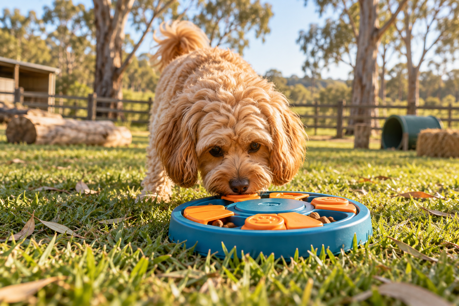 AI-generated concept: cavoodle investigating a treat puzzle