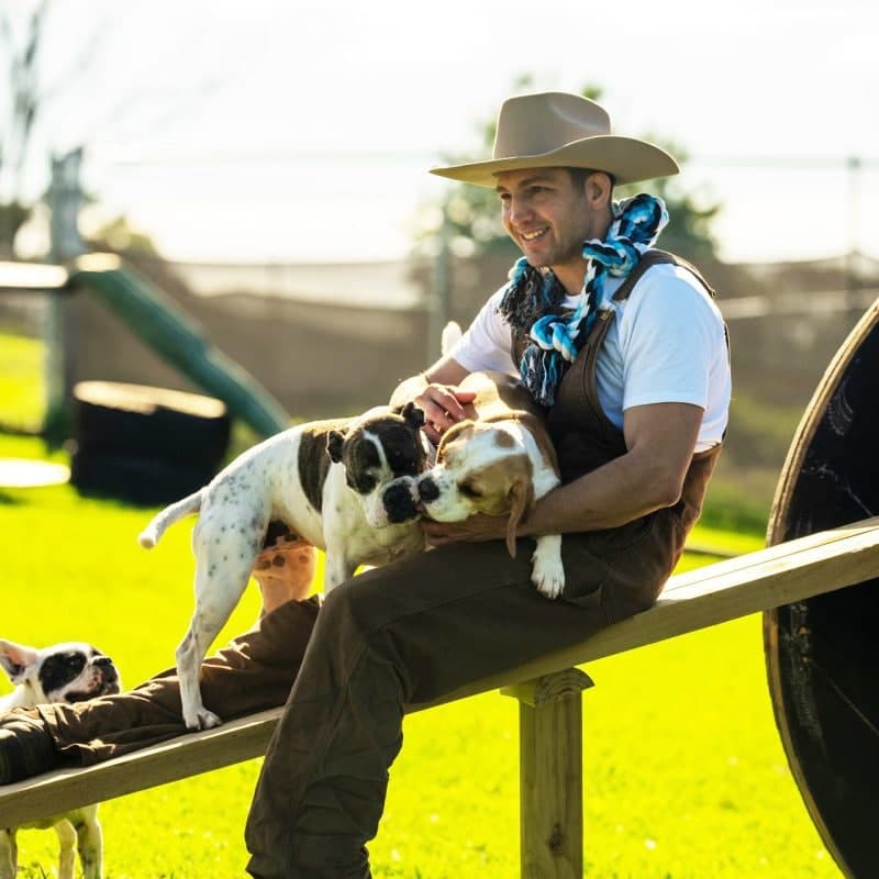 Dylan sitting on a ramp with three dogs at FARMTASTIC