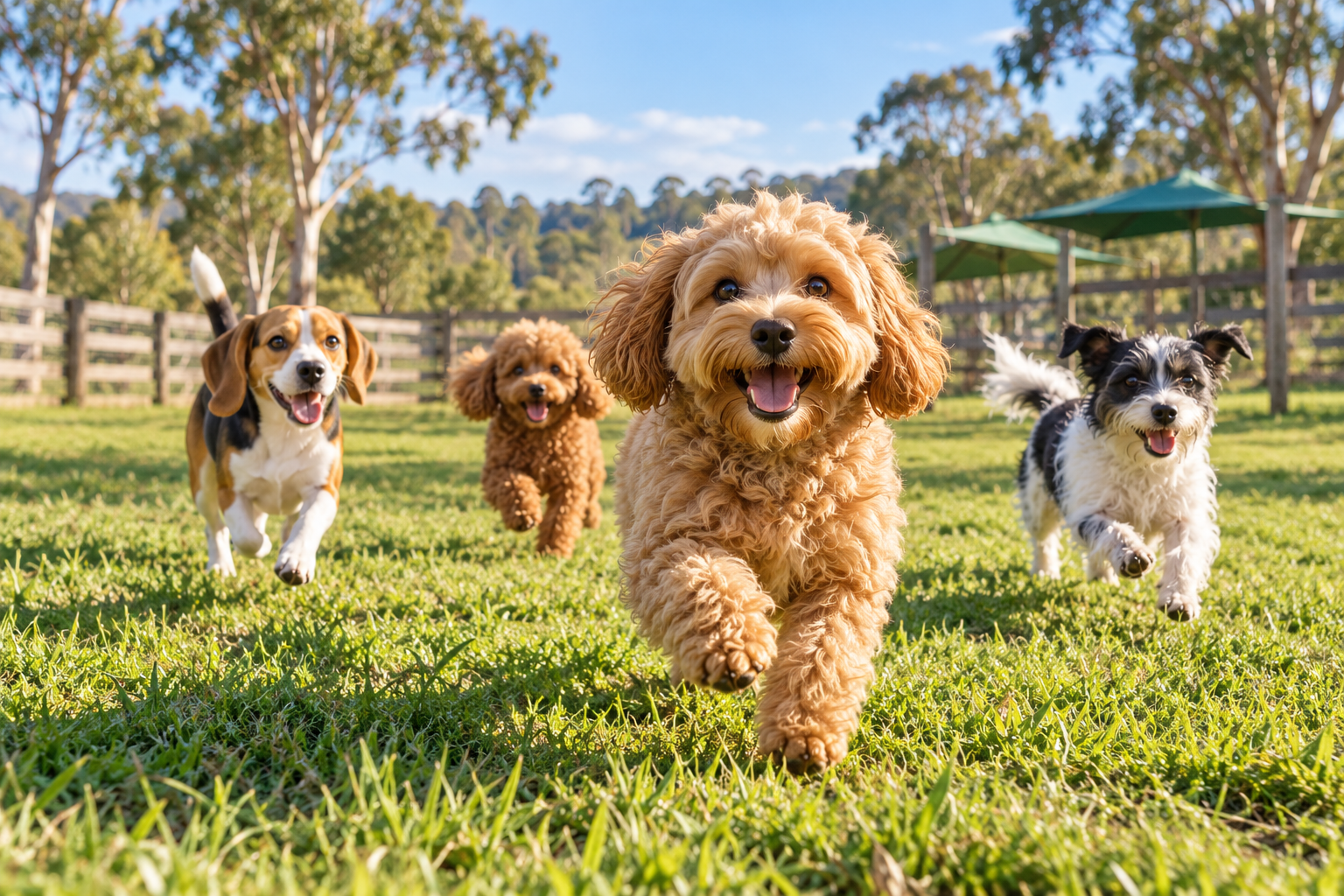 AI-generated concept: four small dogs running on a sunny farm
