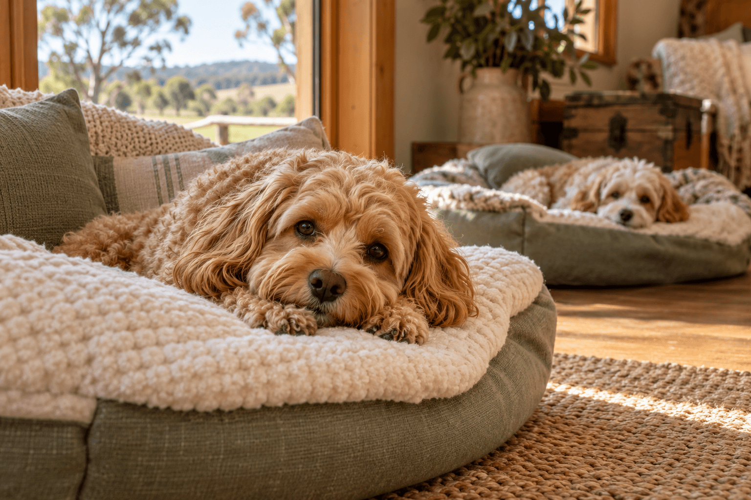AI-generated concept: a cavoodle resting on a comfortable indoor bed