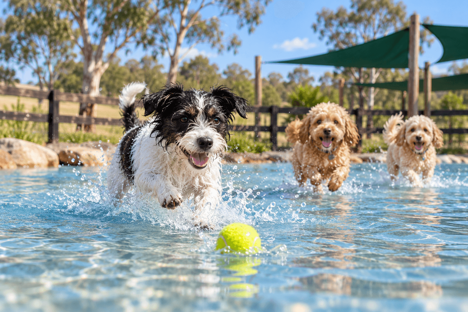 AI-generated concept: small dogs splashing in shallow water
