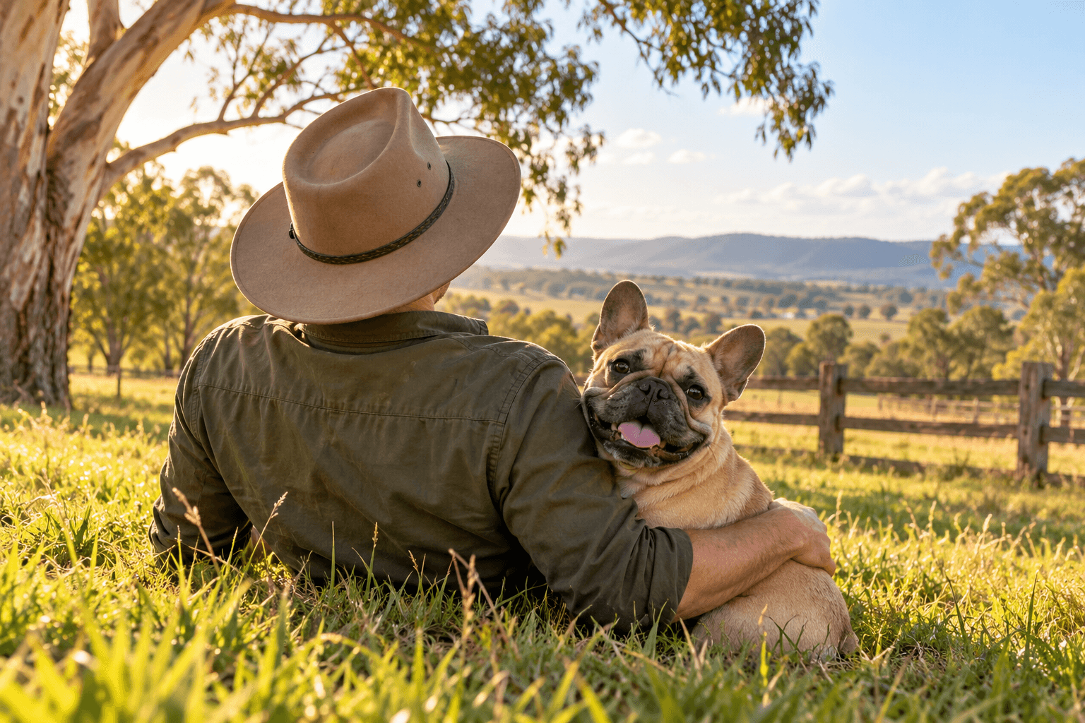 AI-generated concept: fictional carer and French bulldog on a farm