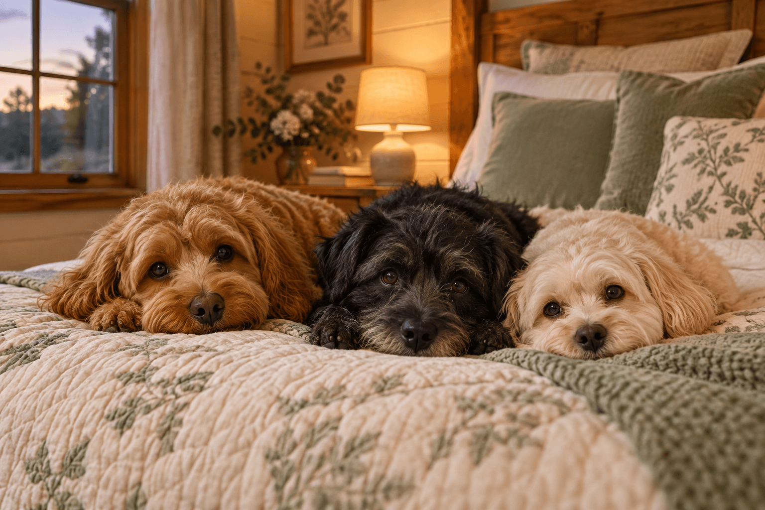 AI-generated concept: three small dogs resting indoors