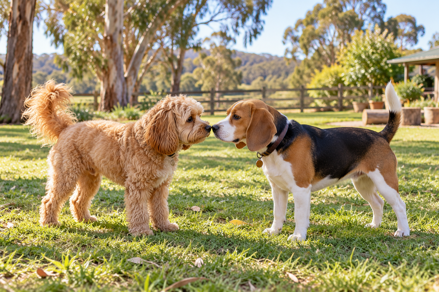 AI-generated concept: two small dogs greeting on the farm