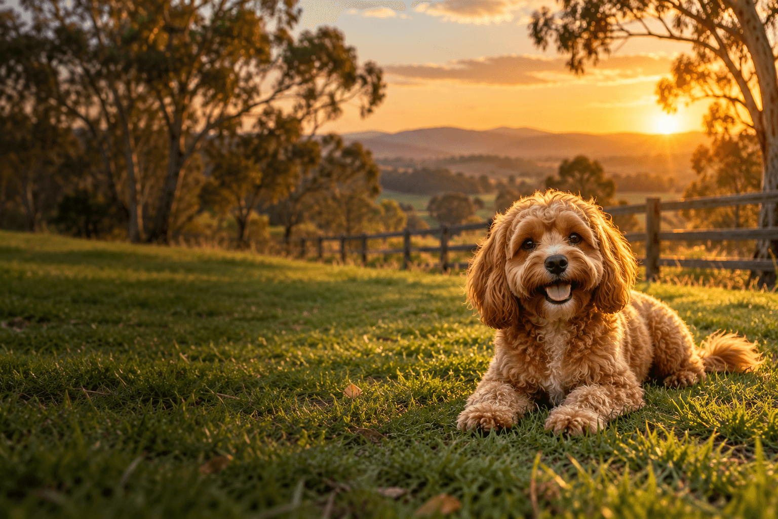AI-generated concept: cavoodle relaxing on grass at sunset